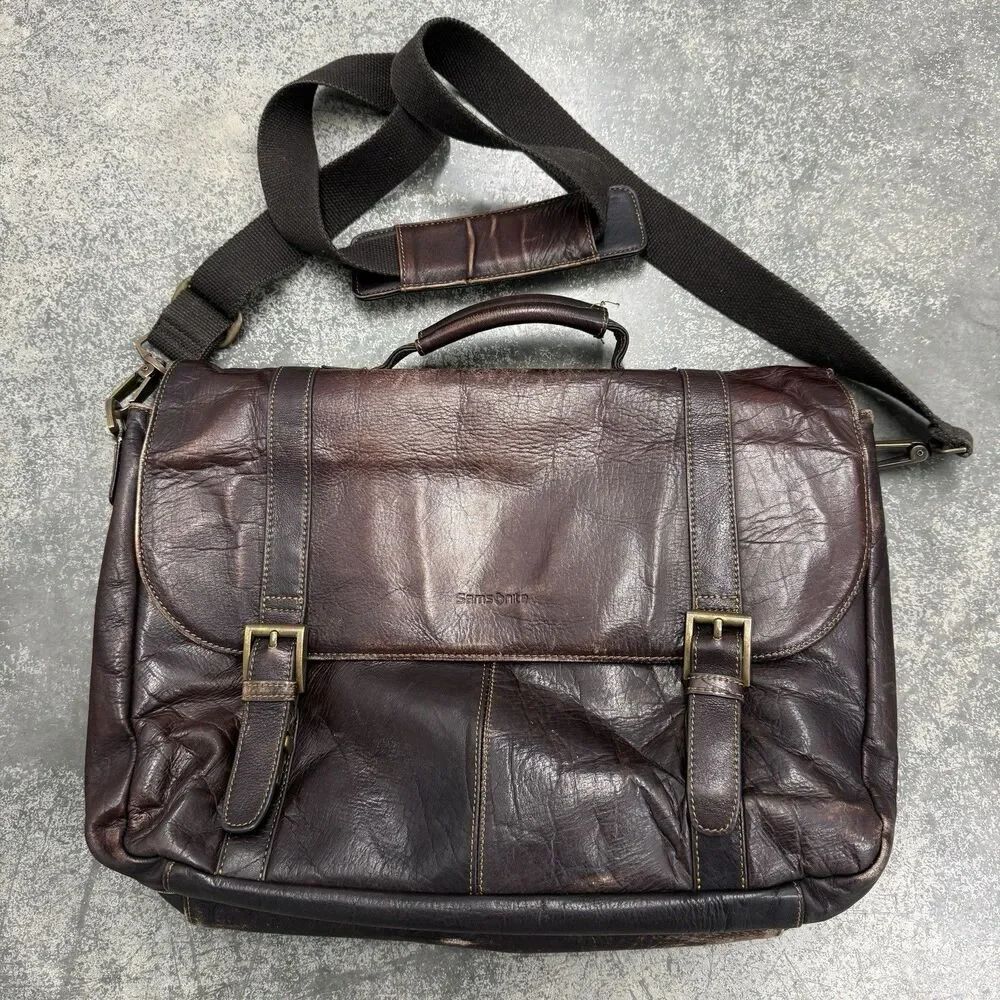 Samsonite Colombian Leather Flap-Over Messenger Bag Laptop Brown Minimalist